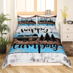 RV Camper Comforter Cover Queen Size,Happy Camping Wild Adventure Duvet Cover for Teenagers Bedroom Decor,Farmhouse Style Wood Barn Comforter Cover 3 Piece with Zipper Closure,Blue White