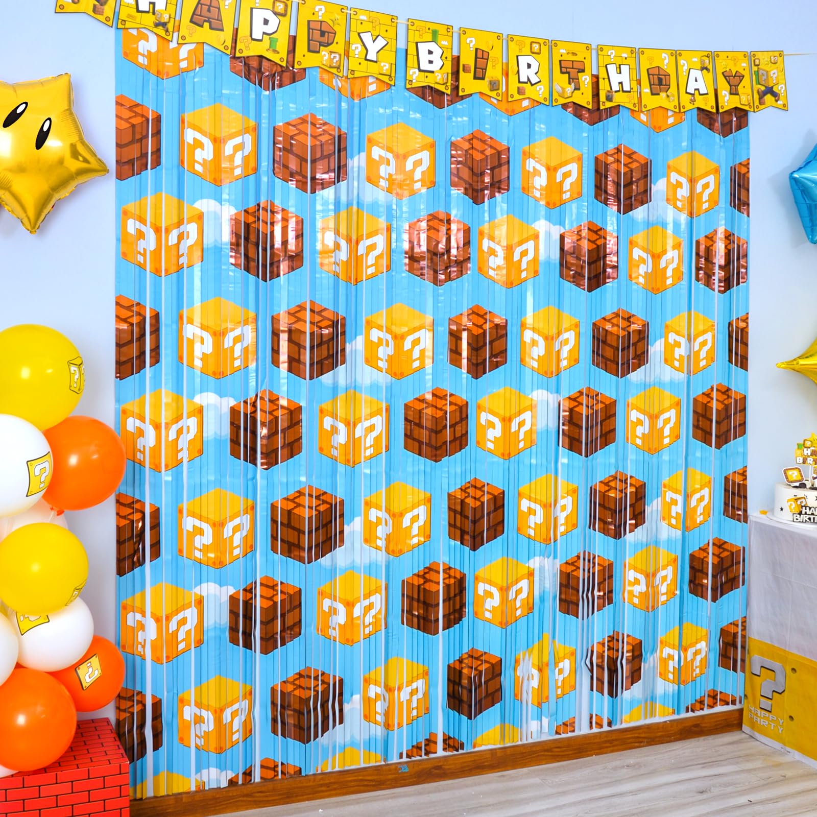 Bupelo Super Bros Birthday Party Supplies, 2 Pack Question & Brick Tinsel Foil Fringe Curtains, Super Game Themed Photo Booth Prop Party Backdrop, Super Bros Party Decorations Room Decor for Kids