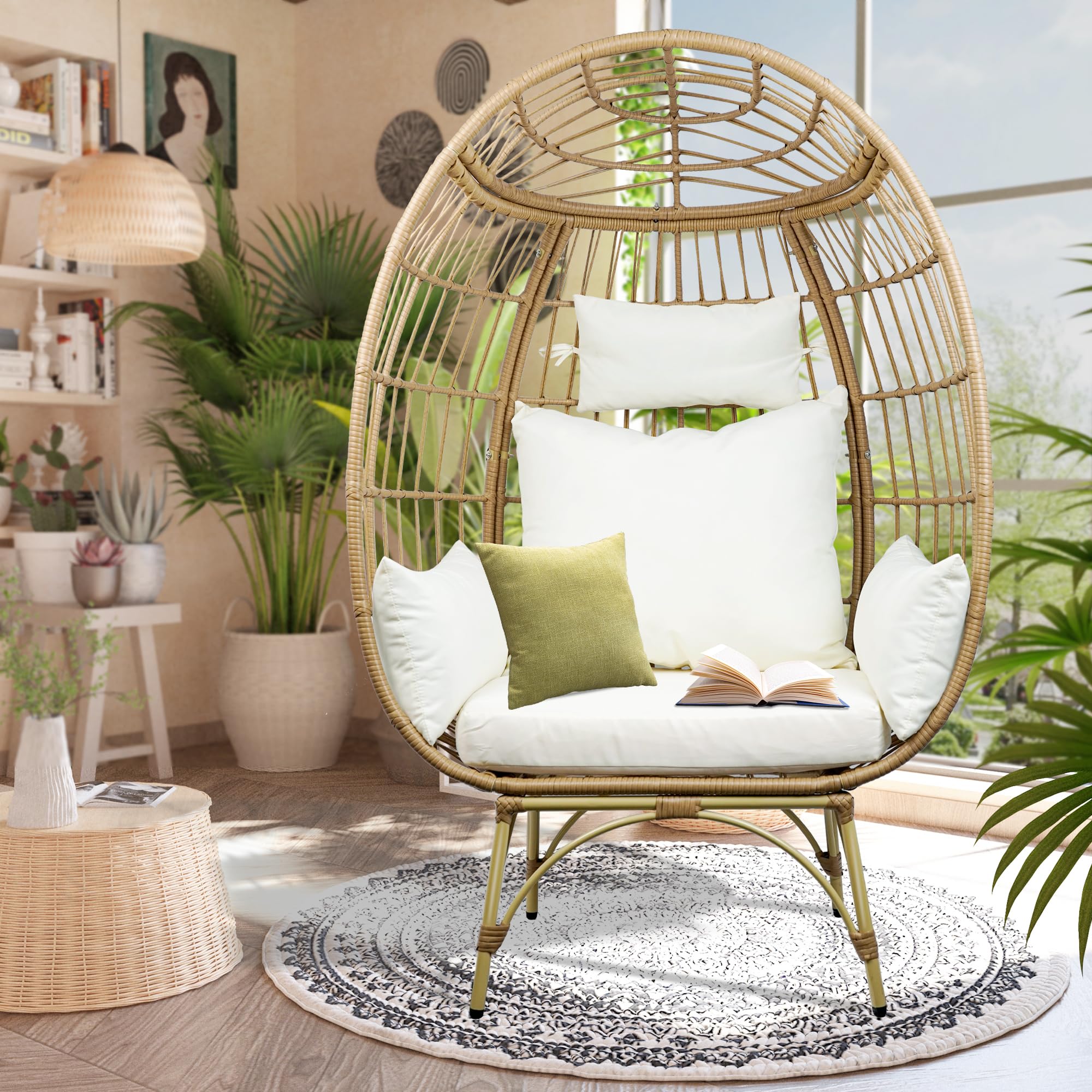 TXGDPIONEER Wicker Egg Chair, Patio Egg Chair Indoor, All-Weather Oversized Rattan Egg Lounge Chairs for Living Room, Balcony, Backyard