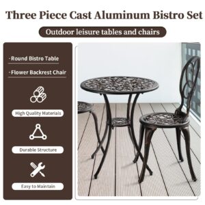 PATIO-IN 3 Piece Outdoor Bistro Set, Cast Aluminum Bistro Table and Chairs Set, Weather Resistant Patio Metal Bistro Sets, Patio Table Set with 1.97" Umbrella Hole for Balcony Backyard Garden