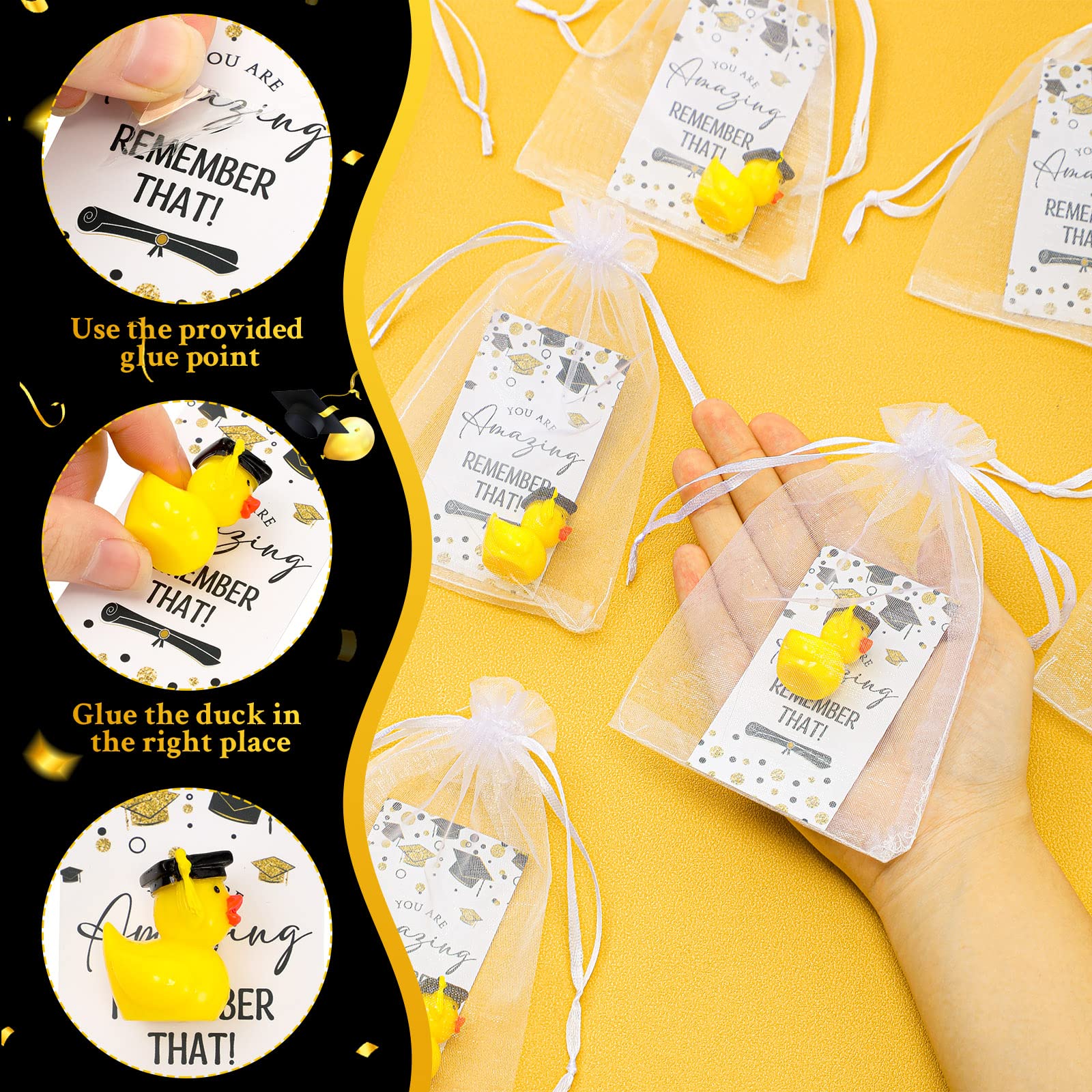 Chunful 24 Sets 2025 Graduation Gifts Resin Graduation Duck Funny Graduation Ducks with Inspirational Congratulation Cards Organza Bags for School Student College Son Daughter Graduation Party