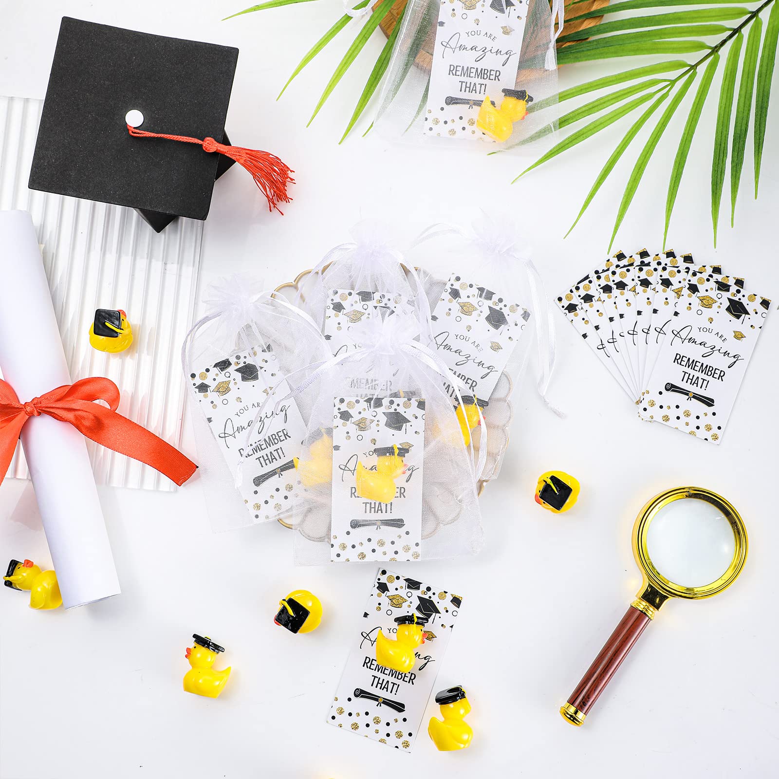 Chunful 24 Sets 2025 Graduation Gifts Resin Graduation Duck Funny Graduation Ducks with Inspirational Congratulation Cards Organza Bags for School Student College Son Daughter Graduation Party