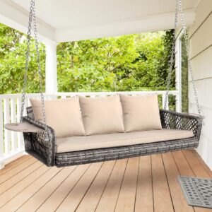 titimo 3-seats wicker porch swing hanging bench chair outdoor gray rattan patio swing lounge with cushions for garden, balcony, deck