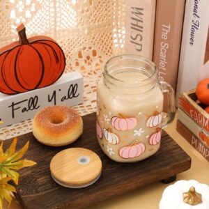 Whaline Fall Mason Jar Mug with Handle 18oz Pumpkin Flower Star Mason Jar Drinking Glasses Pink White Pumpkin Ice Coffee Cups with Lid and Straw for Iced Coffee Tea Soda Cocktail Gifts