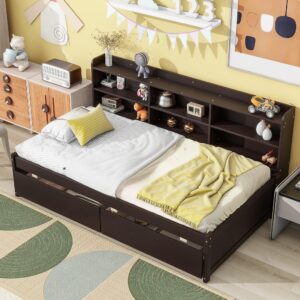 HoRunzelin Twin Size Platform Bed with Bookcase and 2 Storage Drawers, Pine Wood Daybed Captains Bed with Bookshelf for Kids Boys Girls, Espresso