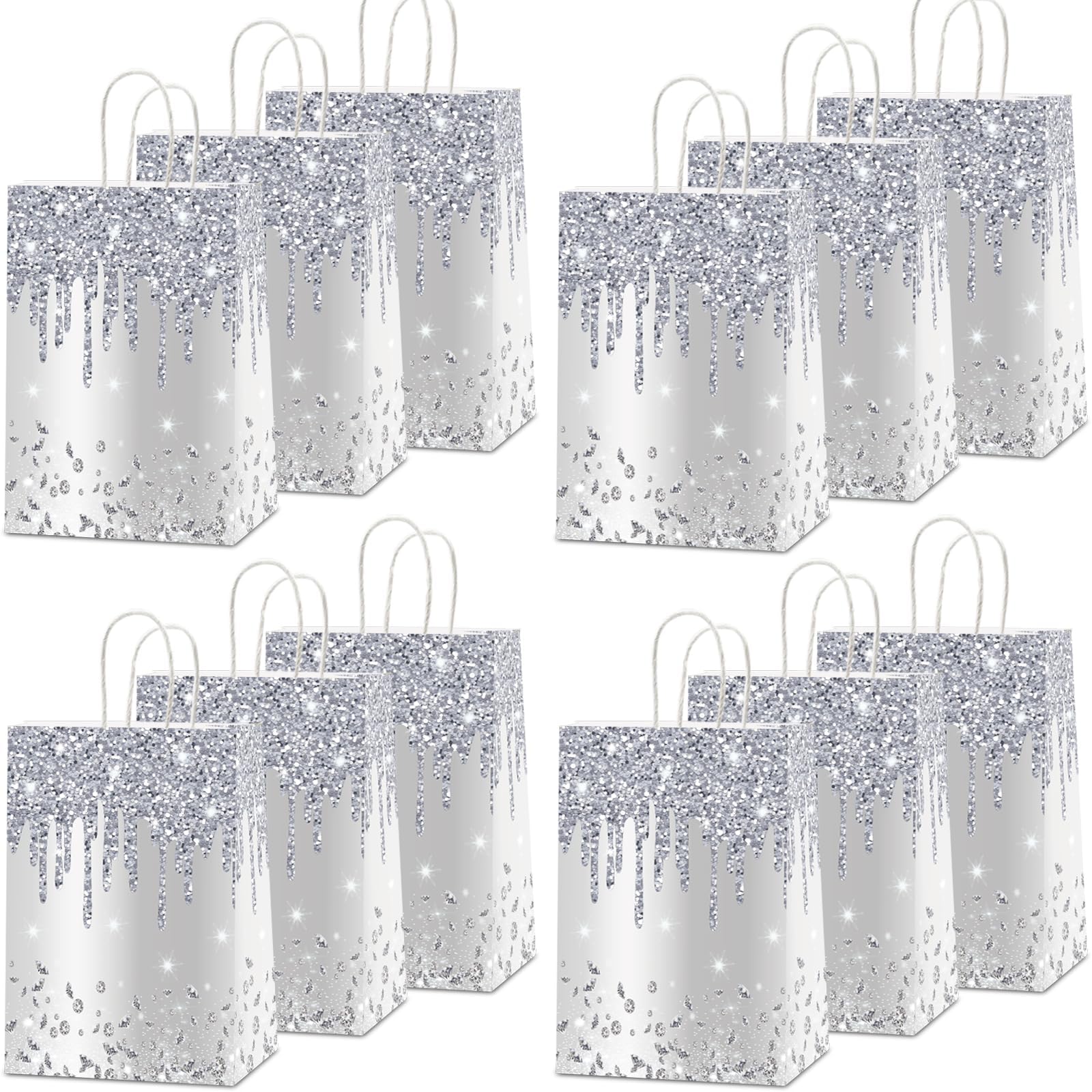 12Pcs Silver Glitter Gift Bags Glitter Diamond Goodie Bag Happy Birthday Treat Bag Diamond Silver Candy Bags Supply for Wedding Bridal Baby Shower Holiday Party Favors Decoration 4.7*3.15*8inch