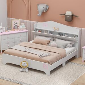 full bed with storage headboard, wood platform bed with house shaped headboard, kid low bed frame with shelf and slats support, no box spring needed, white