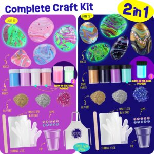 2 in 1 Rock Painting Art Kit - Glow in The Dark Pouring Rock Kit - Arts and Crafts for Kids Girls & Boys Ages 6-8, 8-12, Craft Paint Kits Art Toys, Art Supplies Christmas Birthday Gift for Kids