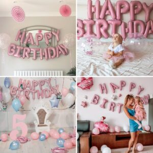 Pink Happy Birthday Balloon Banner, 16 Inch Foil Mylar Happy Birthday Balloons Letters, Reusable Happy Birthday Sign, Pink Birthday Decorations for Women and Girls