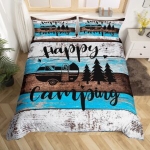 rv camper comforter cover queen size,happy camping wild adventure duvet cover for teenagers bedroom decor,farmhouse style wood barn comforter cover 3 piece with zipper closure,blue white