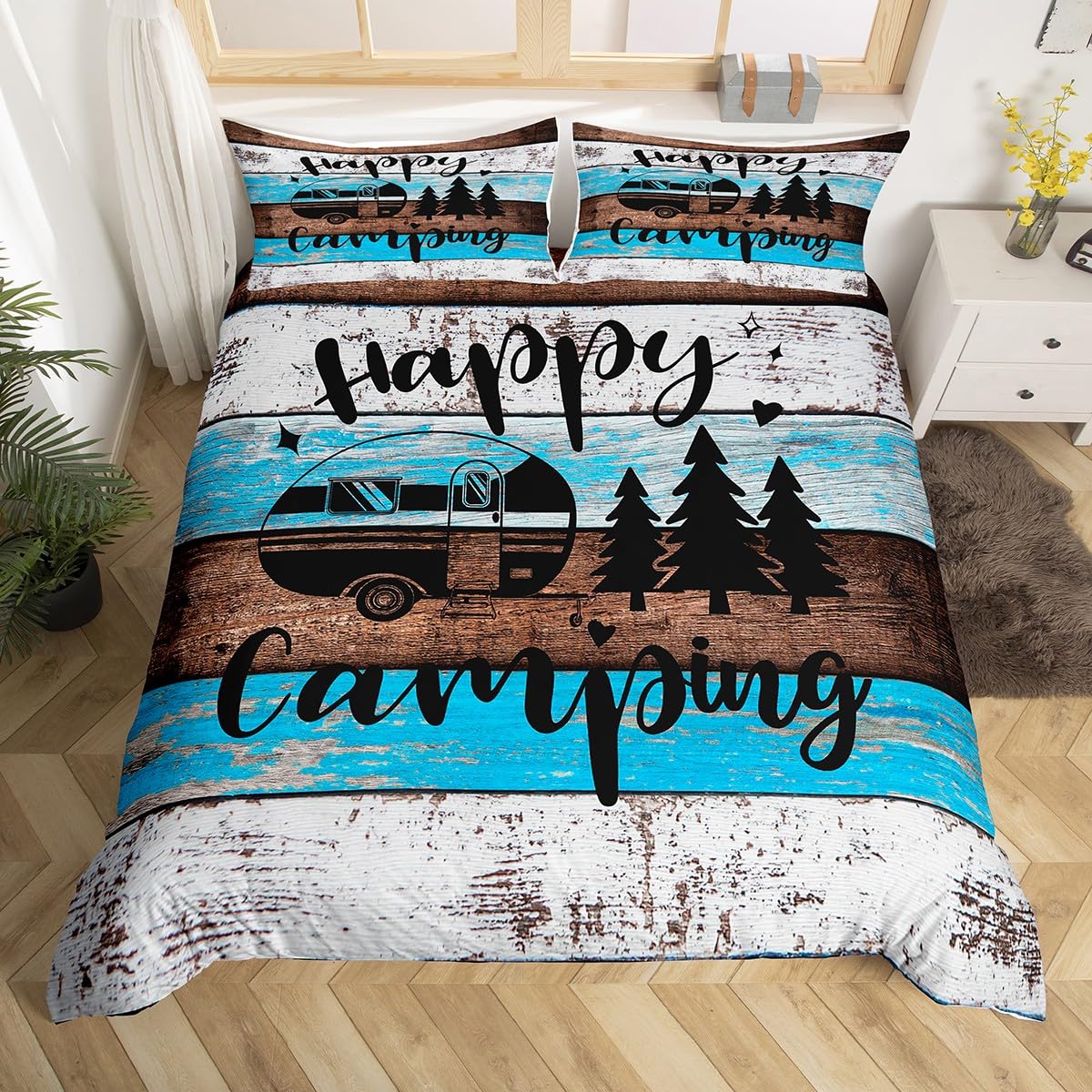 RV Camper Comforter Cover Queen Size,Happy Camping Wild Adventure Duvet Cover for Teenagers Bedroom Decor,Farmhouse Style Wood Barn Comforter Cover 3 Piece with Zipper Closure,Blue White