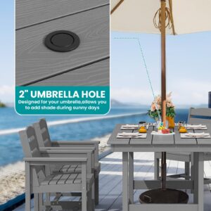 SERWALL Outdoor HDPE Dining Table Set, 7-Piece Outdoor Dining Table Sets with Umbrella Hole Cut-Out Table and 6 Chairs, Gray