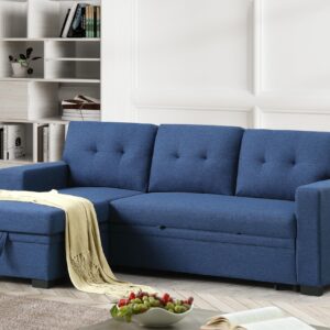 RENDGO 92 inch L-Shape Sectional Sleeper Sofa with Chaise Storage and Pull-Out Bed, Tufted Linen Backrest, Reversible 3-Seater for Living Spaces, Blue