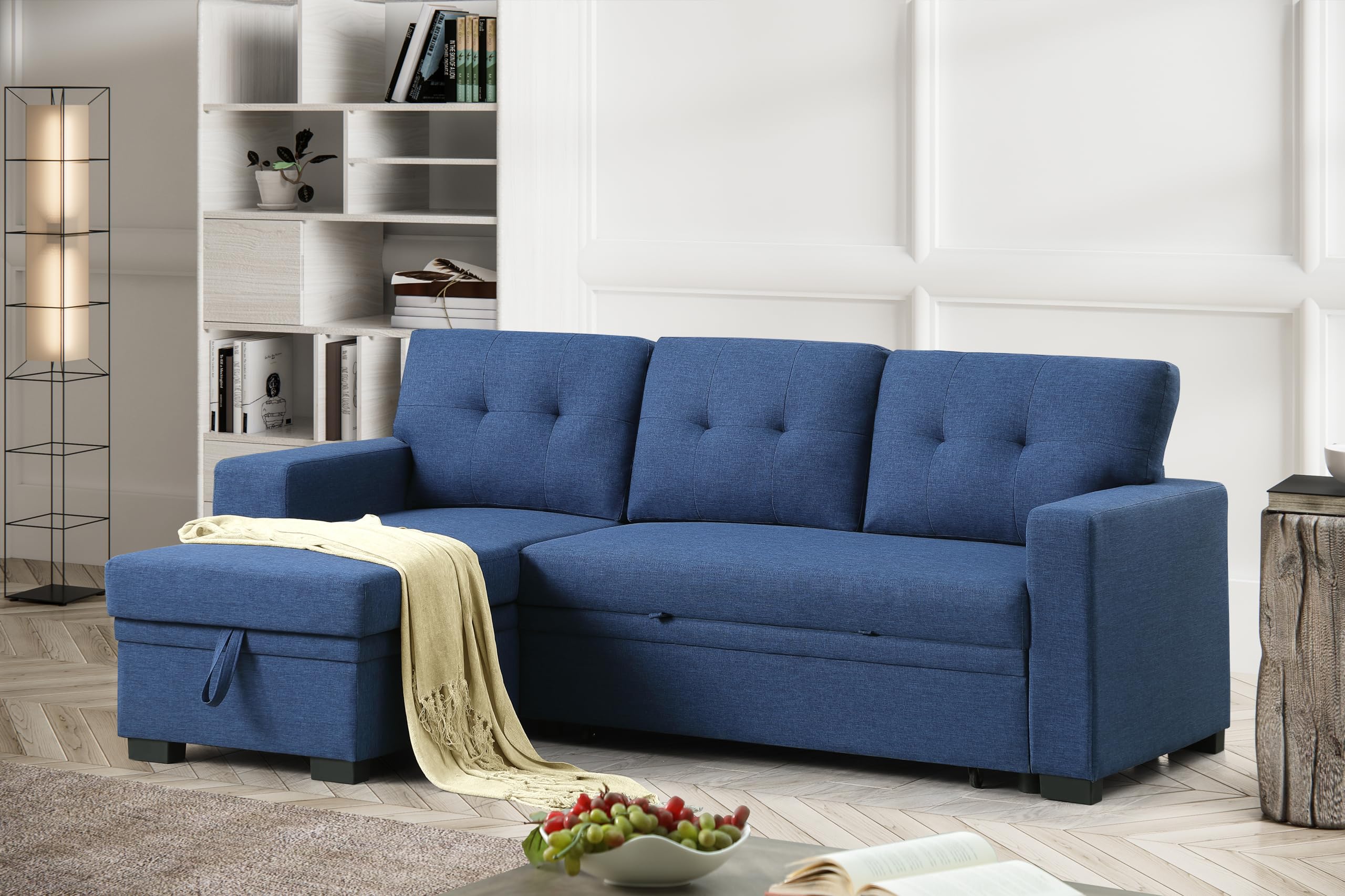 RENDGO 92 inch L-Shape Sectional Sleeper Sofa with Chaise Storage and Pull-Out Bed, Tufted Linen Backrest, Reversible 3-Seater for Living Spaces, Blue