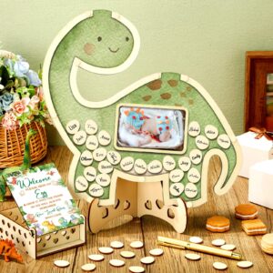 Wenqik 63 Pcs Baby Shower Guest Book Alternatives Set Baby Shower Guestbook with Photo Frame Baby Sonogram Frame Keepsake 60 Wood Slices Guest Book for Birthday(Dinosaur)