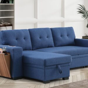 RENDGO 92 inch L-Shape Sectional Sleeper Sofa with Chaise Storage and Pull-Out Bed, Tufted Linen Backrest, Reversible 3-Seater for Living Spaces, Blue