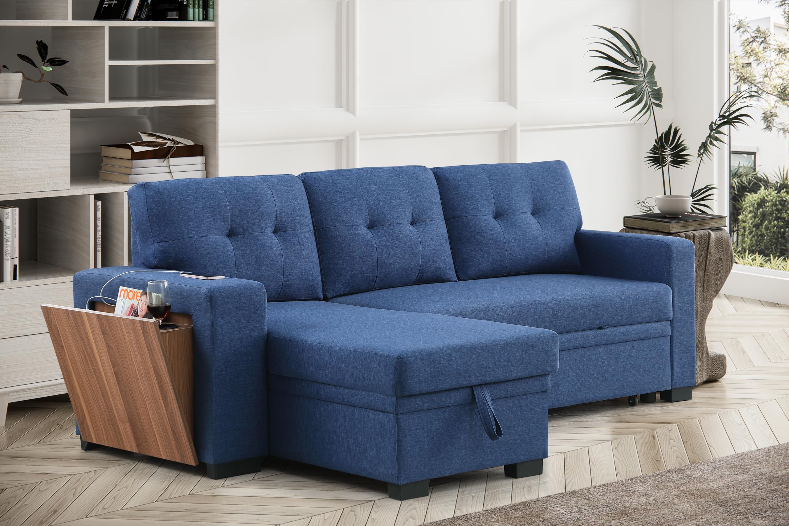 RENDGO 92 inch L-Shape Sectional Sleeper Sofa with Chaise Storage and Pull-Out Bed, Tufted Linen Backrest, Reversible 3-Seater for Living Spaces, Blue