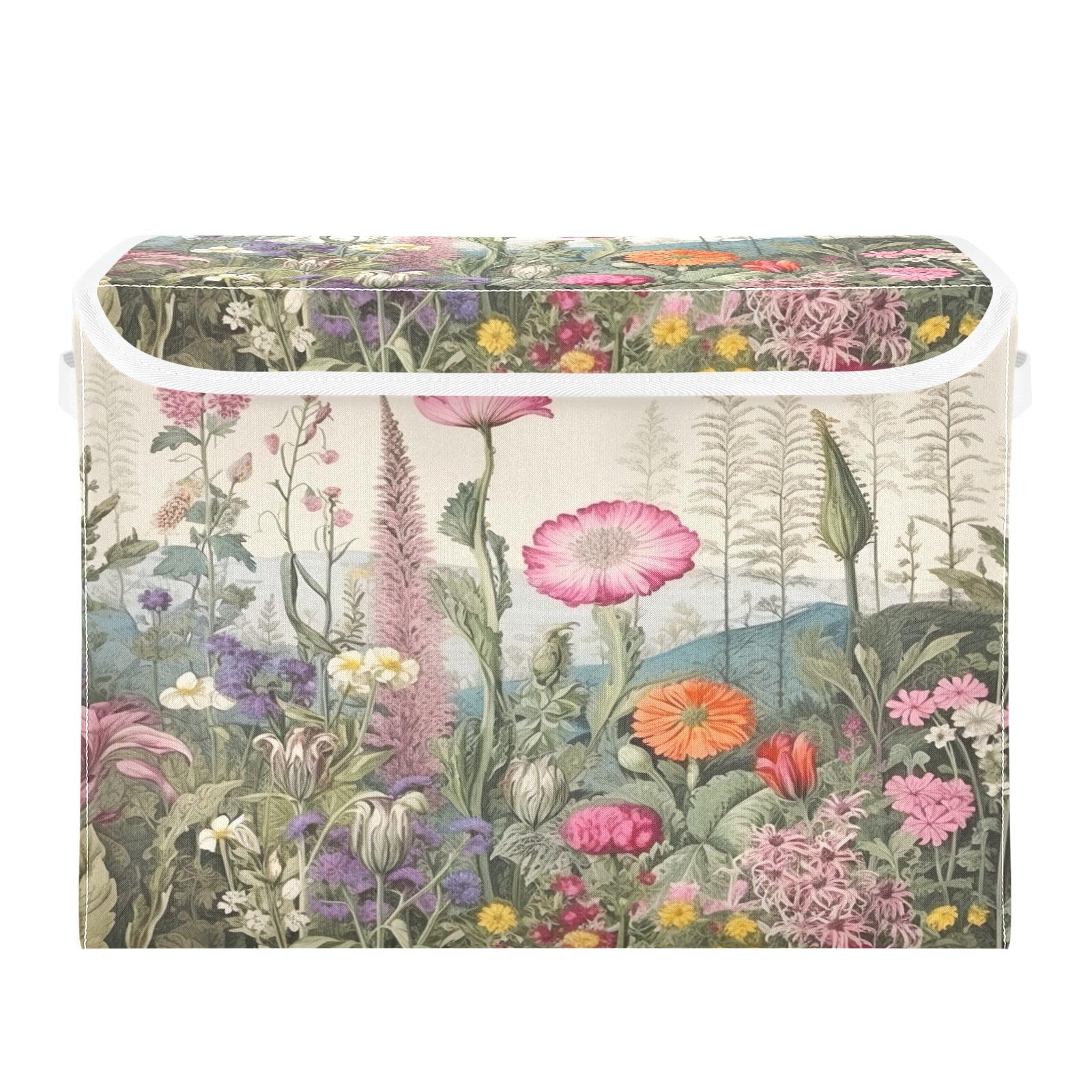 xigua Storage Basket Wildflowers Storage Boxes with Lids and Handle, Large Storage Cube Bin Collapsible for Shelves Closet Bedroom Living Room, 16.5x12.6x11.8 Inch