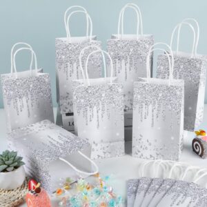 12Pcs Silver Glitter Gift Bags Glitter Diamond Goodie Bag Happy Birthday Treat Bag Diamond Silver Candy Bags Supply for Wedding Bridal Baby Shower Holiday Party Favors Decoration 4.7*3.15*8inch