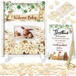 beeveer 65 pcs baby shower guest book alternatives he or she gender reveal baby shower decorations sign in guest book with picture frame and 60 wooden chip for baby shower(green,woodland animal)