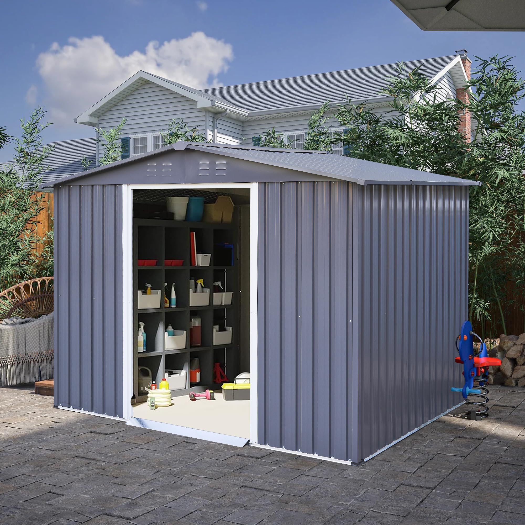 Outdoor Storage Shed 8 x 10 FT Large Metal Tool Sheds, Heavy Duty Storage House with Sliding Doors with Air Vent for Backyard Patio Lawn to Store Bikes, Tools, Lawnmowers Grey (8 x 6 FT)