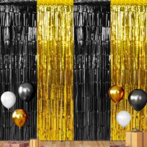 3pack 3.3ft x 6.6ft graduation foil fringe curtain backdrop decorations, black gold metallic tinsel foil streamers curtain photo booth background for graduation prom wedding birthday party decorations