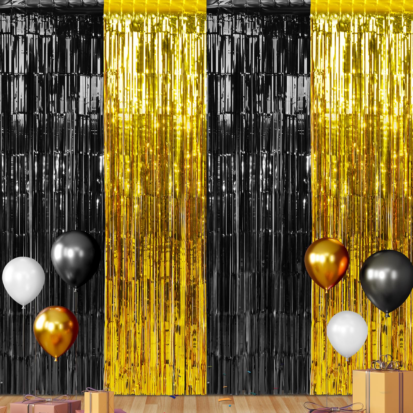 3Pack 3.3Ft x 6.6Ft Graduation Foil Fringe Curtain Backdrop Decorations, Black Gold Metallic Tinsel Foil Streamers Curtain Photo Booth Background for Graduation Prom Wedding Birthday Party Decorations