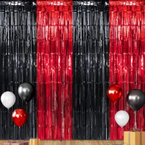 6 pack 3.3ft x 6.6ft graduation foil fringe curtain backdrop decorations, red black metallic tinsel foil streamers curtain photo booth background for graduation prom wedding birthday party decorations