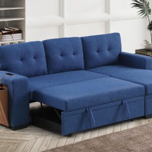 RENDGO 92 inch L-Shape Sectional Sleeper Sofa with Chaise Storage and Pull-Out Bed, Tufted Linen Backrest, Reversible 3-Seater for Living Spaces, Blue