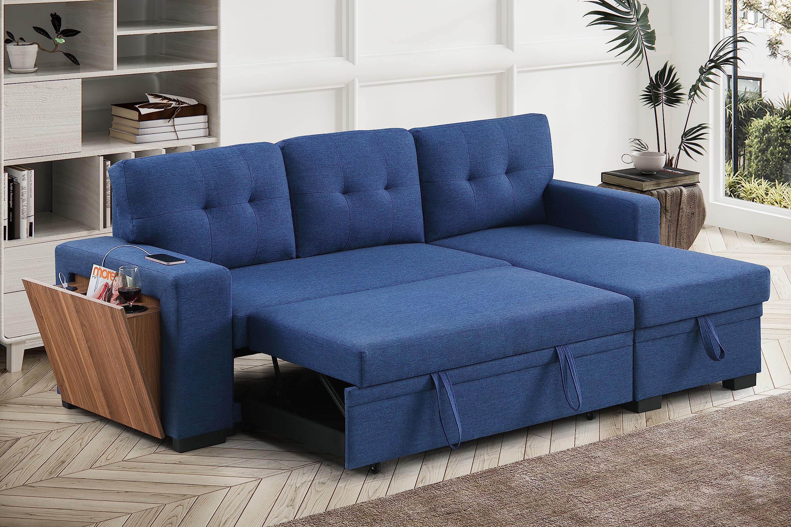 RENDGO 92 inch L-Shape Sectional Sleeper Sofa with Chaise Storage and Pull-Out Bed, Tufted Linen Backrest, Reversible 3-Seater for Living Spaces, Blue