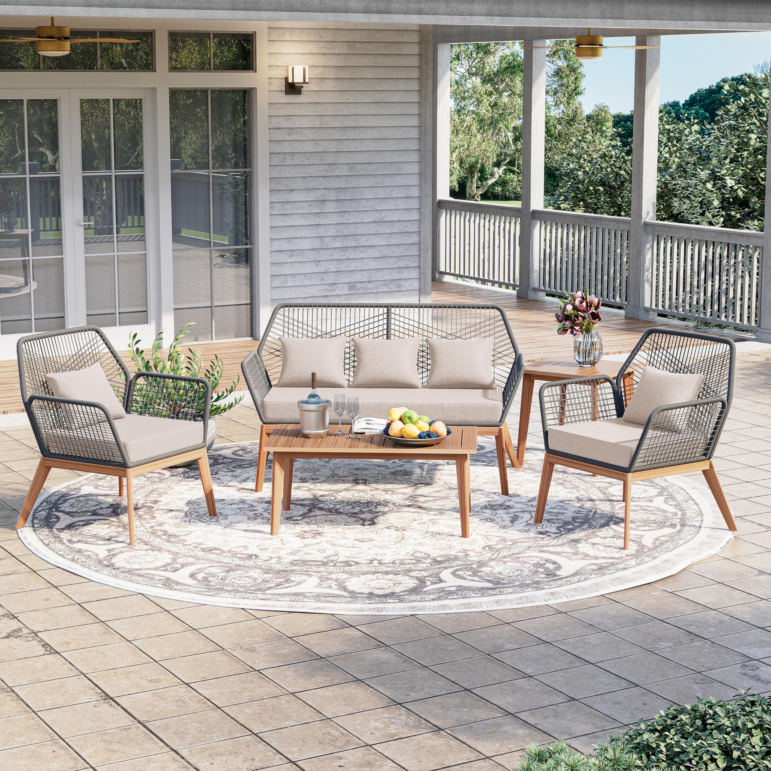 ASJMR 5-Piece Patio Furniture Set, Solid Wood Woven Rope Set Balcony Modern Outdoor Living Room All-Weather Set, Suitable for Backyard, Swimming Pool, Deck, Garden