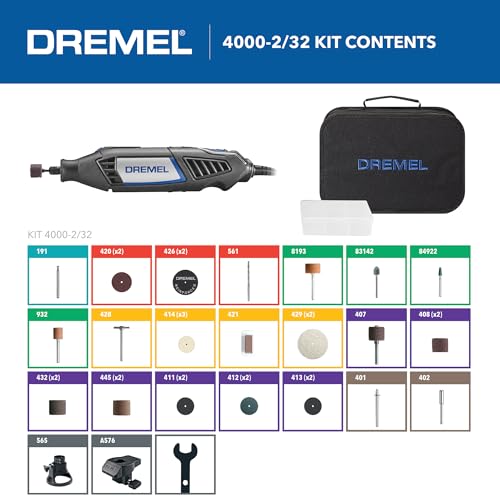 Dremel 4000-2/32 Variable Speed Rotary Tool Kit-Engraver, Polisher, and Sander- Perfect for Cutting, Detail Sanding, Engraving, Wood Carving, and Polising- 2 Attachments & 32 Accessories