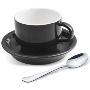 homEdge Premium Espresso Cups and Saucers Set with Espresso Spoons - 2.5 oz, Set of 4, Black