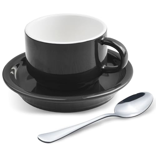 homEdge Premium Espresso Cups and Saucers Set with Espresso Spoons - 2.5 oz, Set of 4, Black