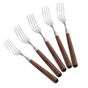 yumokit premium natural wood handle dinner forks - set of 5 | 304 stainless steel flatware dinner forks, ergonomic design (dinner forks), silver, hx017