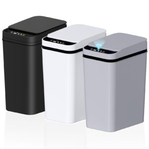 jinligogo 3pack bathroom small trash can with lid, 2.2 gallon touchless automatic garbage can slim waterproof motion sensor smart trash bin for bedroom, office, living room white/black/grey