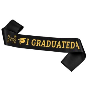 jojo fly black graduation sash with gold glitter letter i graduated, class of 2024 for graduation party 2024, graduation decorations 2024, graduation party supplies