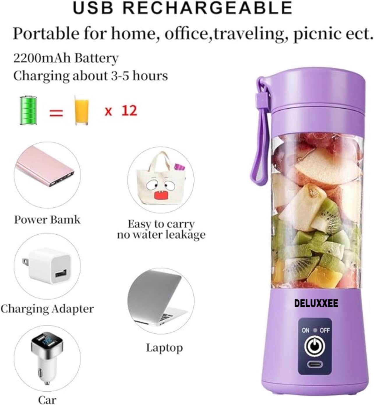 Portable Blender,Personal Blender for Shakes and Smoothies,Personal Size Blenders with USB Rechargeable Mini Fruit Juice Mixer, Mini Juicer Smoothie Blender Bottles Travel 380ML (Purple, 380 ml)