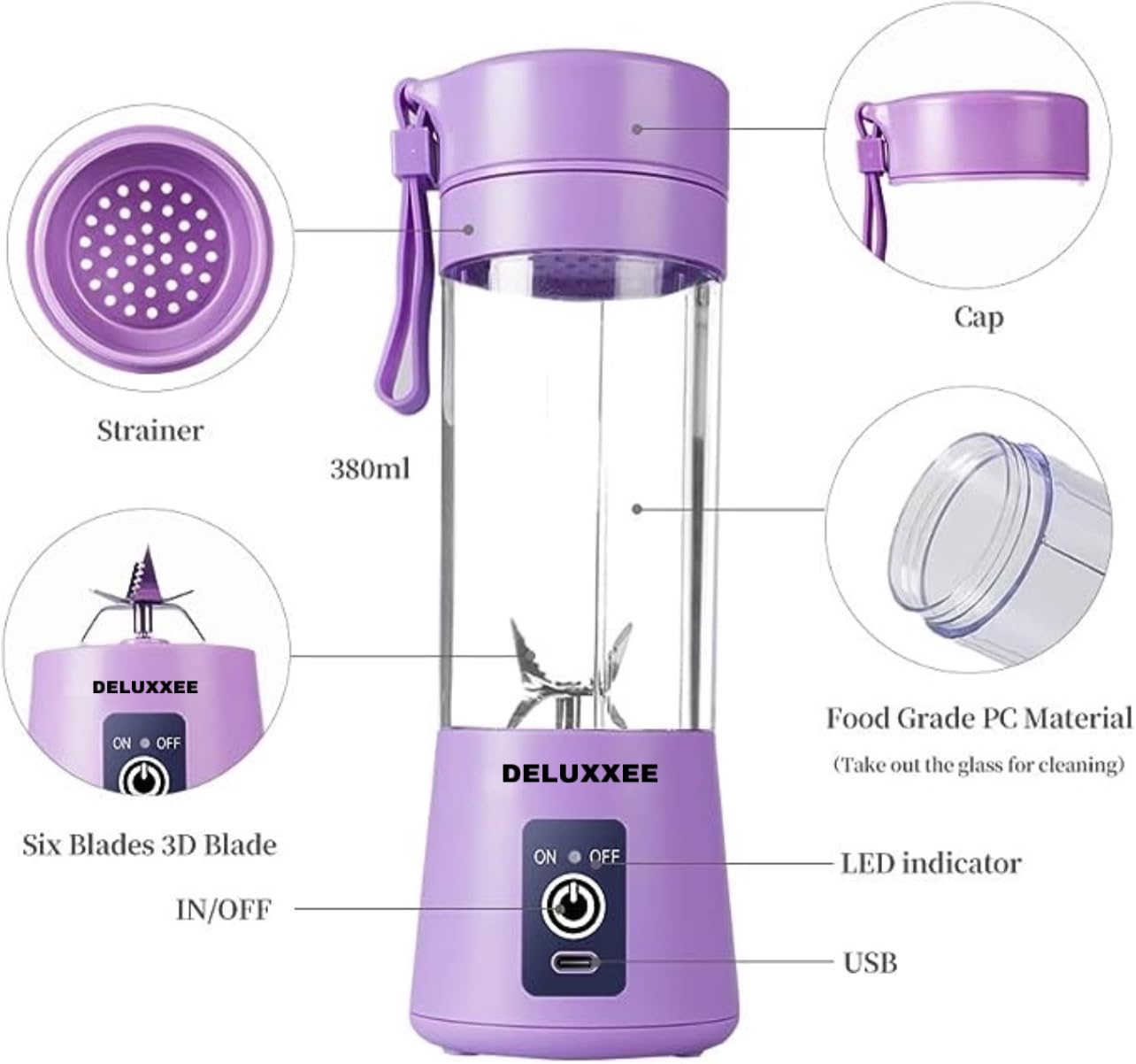 Portable Blender,Personal Blender for Shakes and Smoothies,Personal Size Blenders with USB Rechargeable Mini Fruit Juice Mixer, Mini Juicer Smoothie Blender Bottles Travel 380ML (Purple, 380 ml)