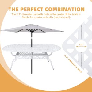 W WARMHOL 9-Piece Patio Dining Set, Outdoor Patio Table and Chair Set of 84” Oval Cast Aluminum Dining Table with Umbrella Hole and 8 Outdoor Dining Cushion Chairs, Patio Funiture Set, White