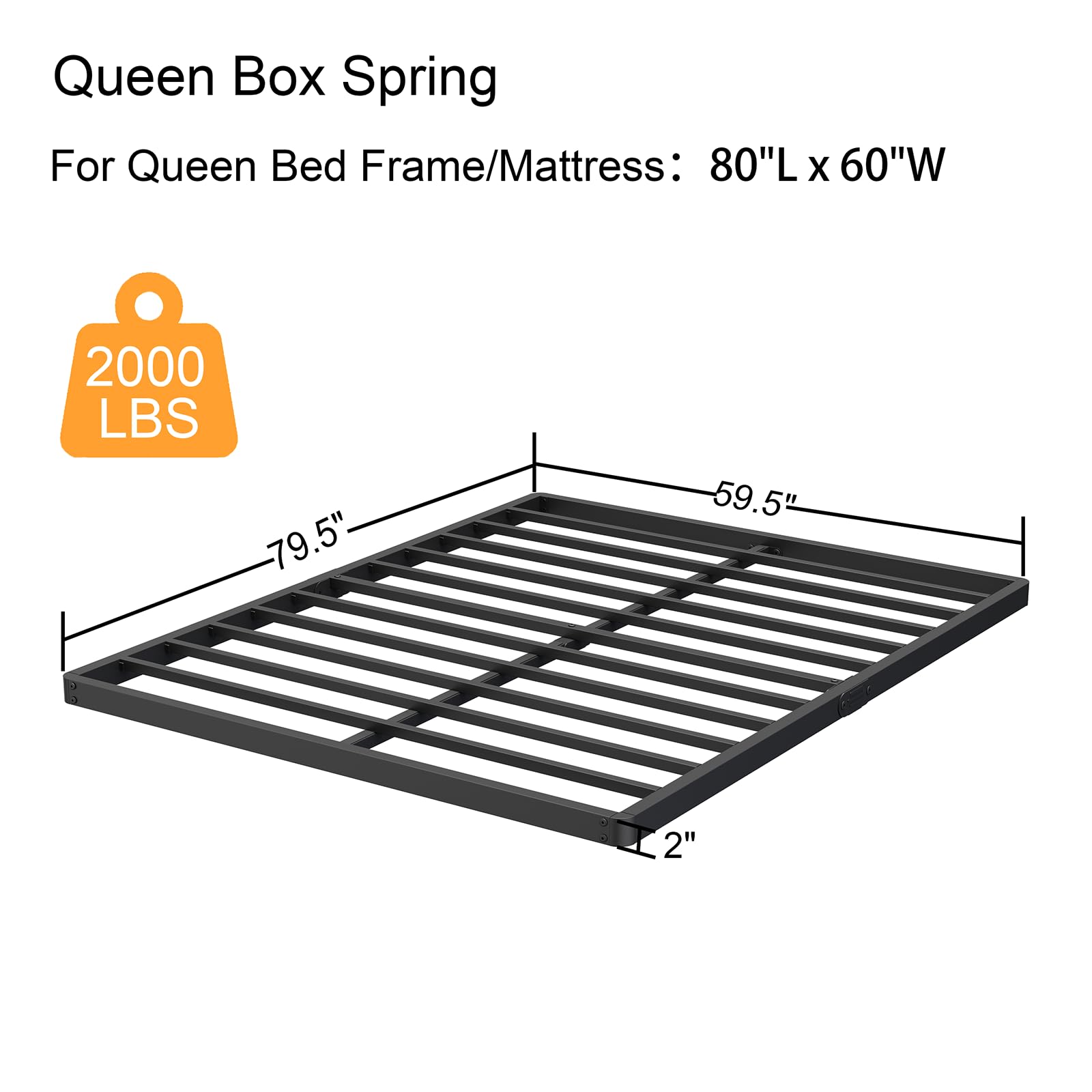 Bednowitz 2 Inch High Queen Box-Spring with Steel Slats, Quick Lock Queen Bunkie-Board Only, Low Metal Frame Bed-Slat Replacement, Noise Free Mattress Surpoort Base, Black