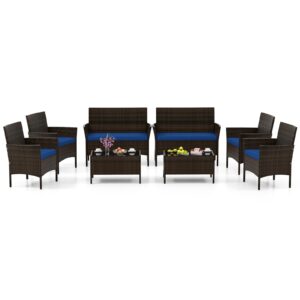 happygrill 8 pieces outdoor rattan conversation set, patio wicker furniture set with loveseat chairs & tempered glass coffee table, outside sectional sofa set for backyard, garden poolside