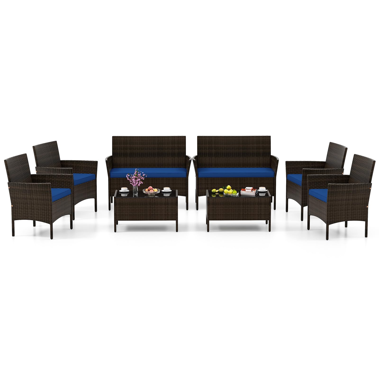 HAPPYGRILL 8 Pieces Outdoor Rattan Conversation Set, Patio Wicker Furniture Set with Loveseat Chairs & Tempered Glass Coffee Table, Outside Sectional Sofa Set for Backyard, Garden Poolside