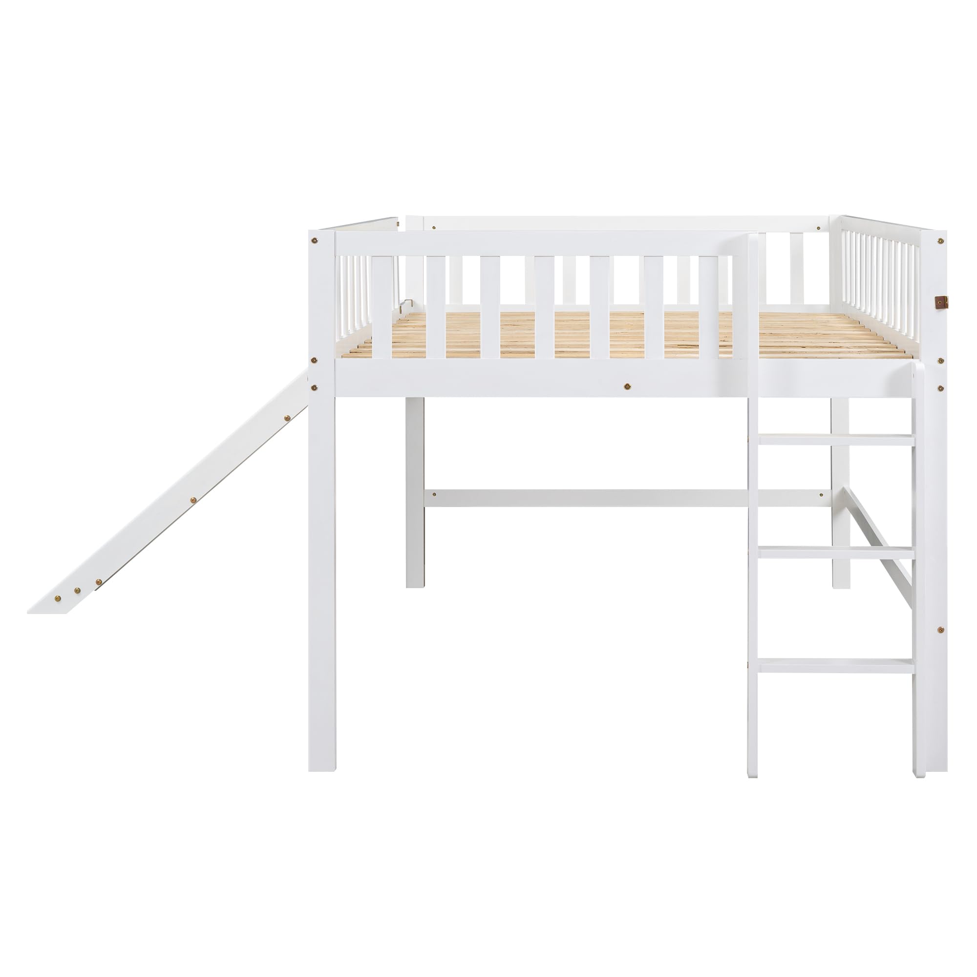 KTTEK Full Size Low Loft Bed with Slide and Ladder,Wooden Bed Frame with/Guardrails, for Kids and Young Teens, No Box Spring Required,Space-Saving,White