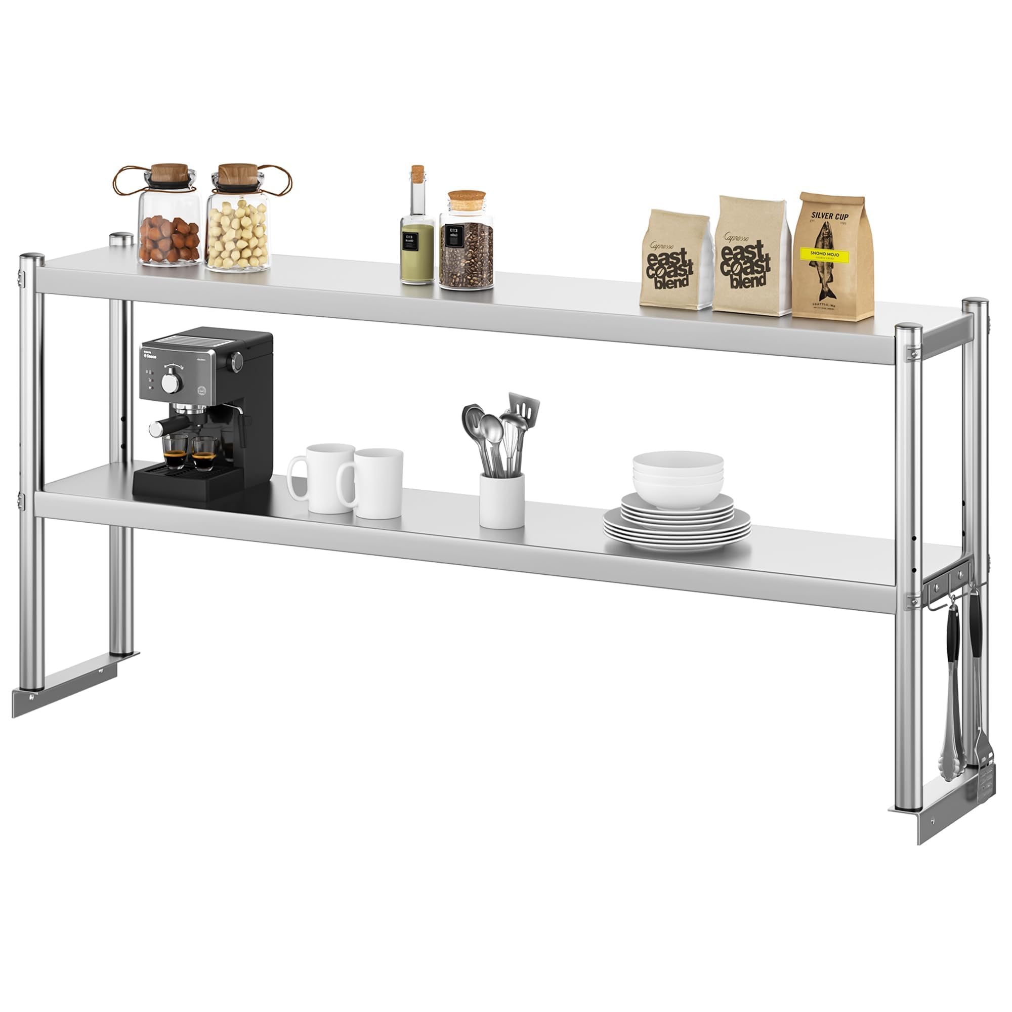 YITAHOME 60" x 12" Stainless Steel Overshelf, 2 Tier Overshelf with Hook, Adjustable Commercial Double Overshelf for Kitchen Prep Table Restaurant and Workshop