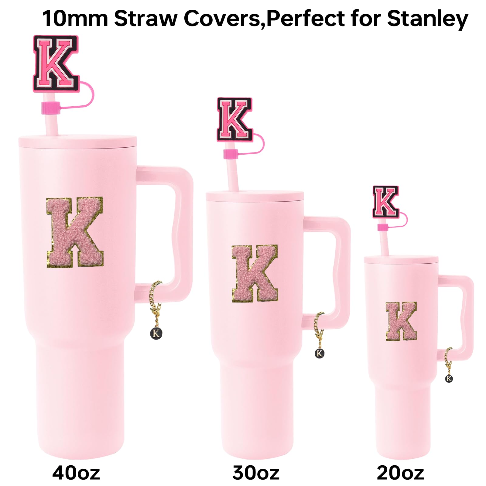 Kacuozx 6PCS Stanley Cup Letter Charm Accessories, Silicone Straw Cover Cap Toppers, Adhesive Chenille Letter Patch Sticker, Initial Letter Hydro Charms for Stanley 30 40 Oz Tumblers Handle Decor K