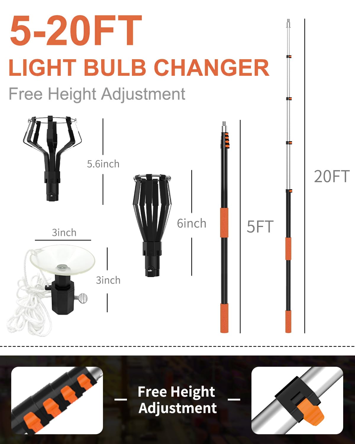 Buyplus 26FT Reach Light Bulb Changer for High Ceilings with 5-20FT Telescopic Extension Pole, Easy Flip-Tab Lock Bulb Changing Pole Extension with Basket and Suction Cup for Recessed Lights