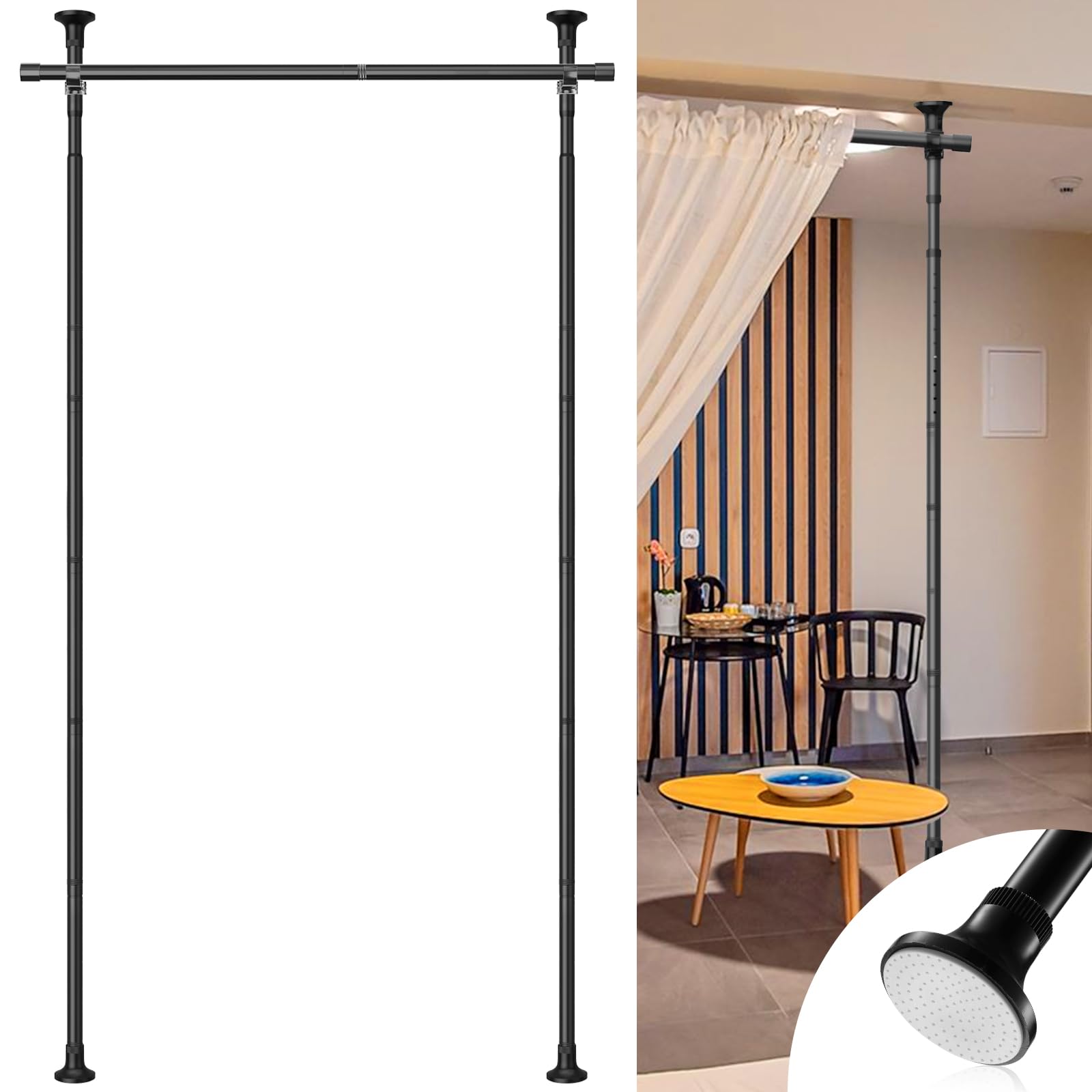 Freestanding Room Divider Curtain Rod - No Drilling Partition Room Dividers Wall,28-72inch(W) 4-10ft(H),Portable Tension Rod Curtain Stand for Studio Apartment Room Separation -Room Separator Black