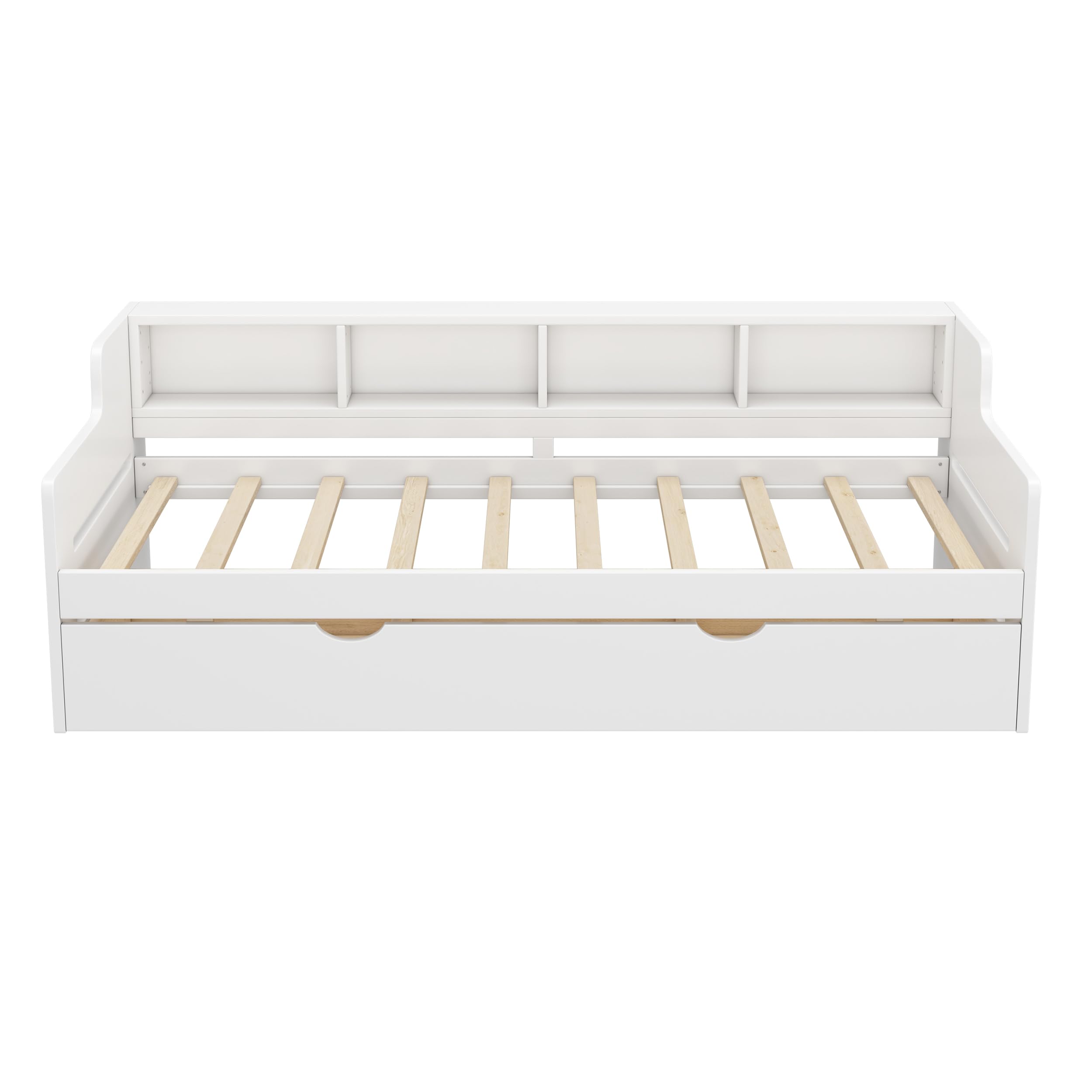 OUYESSIR Twin Size Daybed with 3 Storage Drawers, Upholstered Day Bed Frame with Bookcase Headboard and Full Wood Slats for Kids Teens Adult Boys Girls, No Box Spring Needed, White