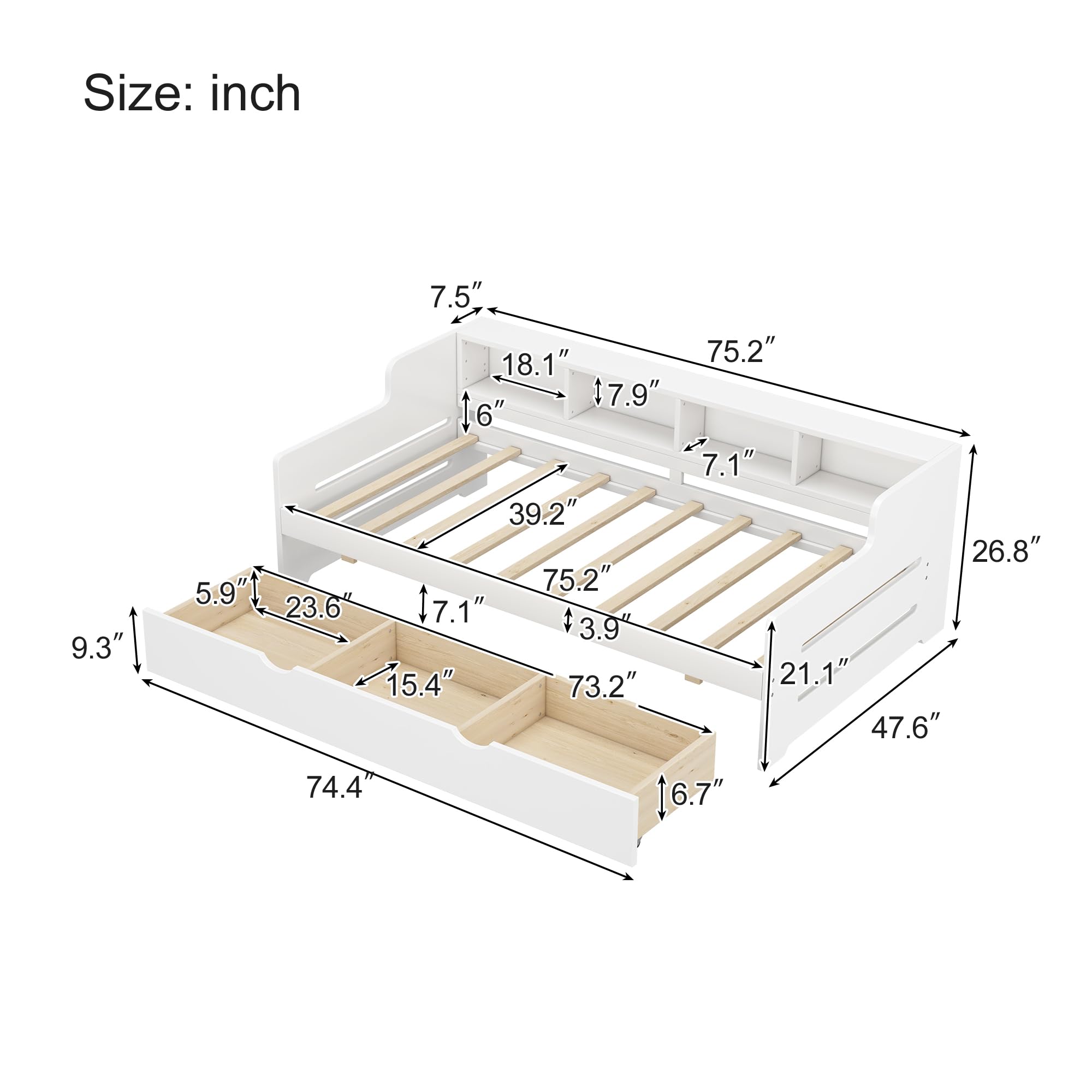 OUYESSIR Twin Size Daybed with 3 Storage Drawers, Upholstered Day Bed Frame with Bookcase Headboard and Full Wood Slats for Kids Teens Adult Boys Girls, No Box Spring Needed, White